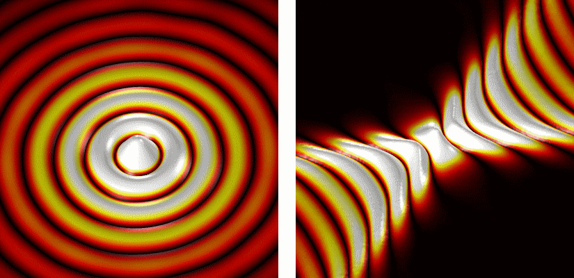 Illustration of waves propagating away from a point-like source. Left: Regular wave propagation. Right: Wave propagation on a hyperbolic metasurface. (P. Li, CIC nanoGUNE)