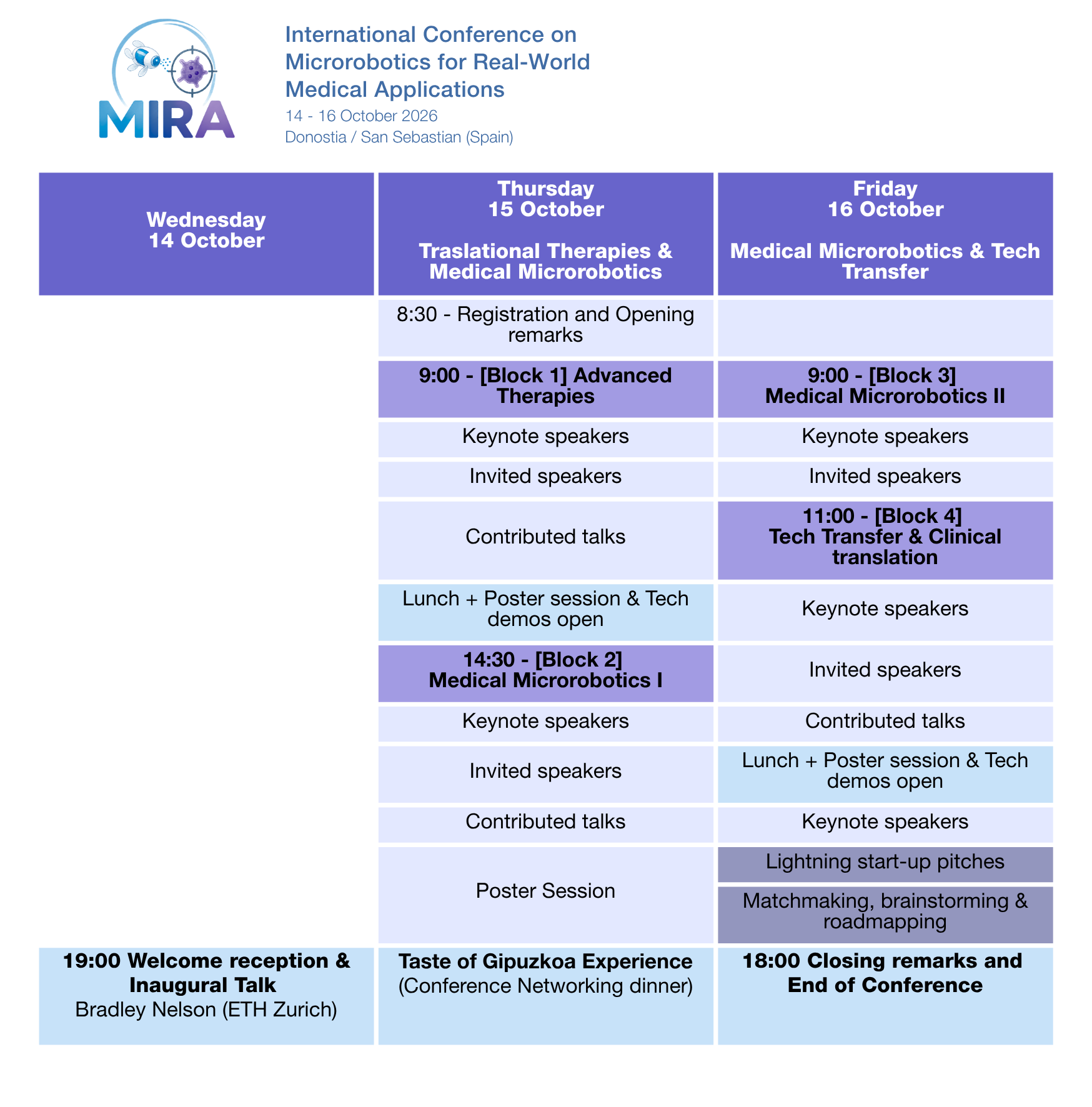 Program overview for the MIRA 2026 International Conference on Microrobotics for Real-World Medical Applications, taking place in Donostia/San Sebastián, Spain, from October 14 to 16, 2026. The agenda includes sessions on translational therapies, medical microrobotics, technology transfer, keynote and invited talks, contributed presentations, poster sessions, technology demonstrations, networking events, start-up pitches, and closing remarks.