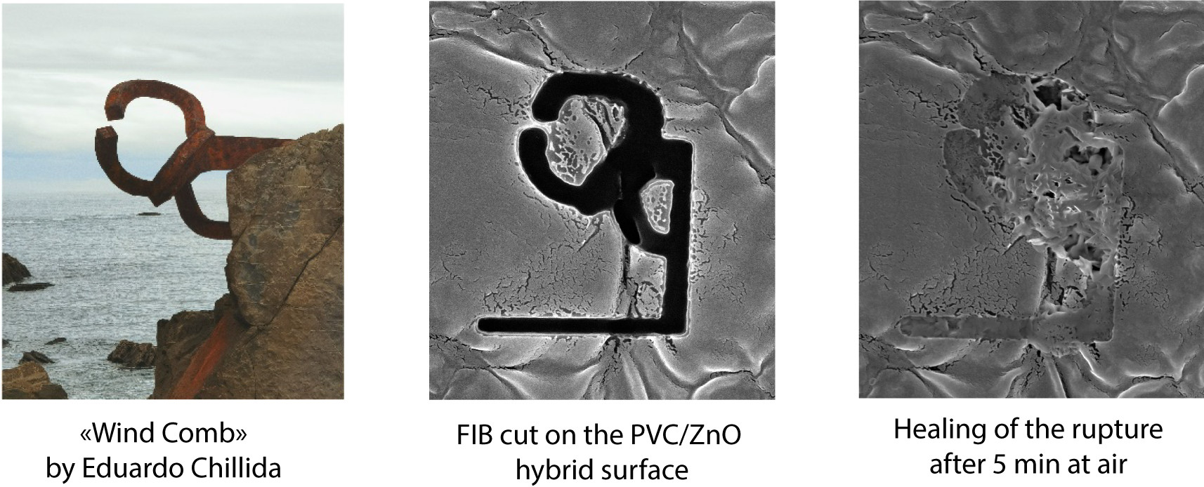 The left image is a photo of the sculpture “Wind comb”.  The other two images illustrate the healing of a selectively FIB-etched pattern on the PVC/ZnO surface over time. 