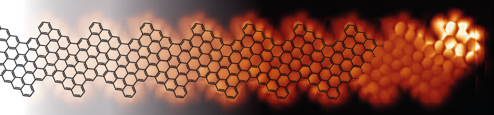 Scanning tunneling microscopy image resolving the hexagonal structure (schematically indicated by black lines) of one of the studied GNRs. The bright, localized feature at the right side reveals the emergent “exotic” state at the end of the ribbon. Figure of Scanning tunneling microscopy image resolving the hexagonal structure (schematically indicated by black lines) of one of the studied GNRs. The bright, localized feature at the right side reveals the emergent “exotic” state at the end of the ribbon.