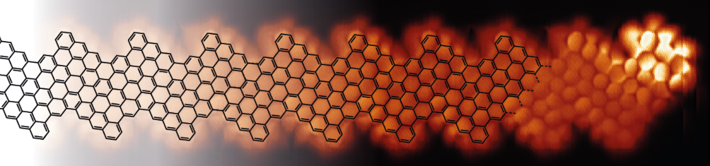 Figure of Scanning tunneling microscopy image resolving the hexagonal structure (schematically indicated by black lines) of one of the studied GNRs. The bright, localized feature at the right side reveals the emergent “exotic” state at the end of the ribbon.